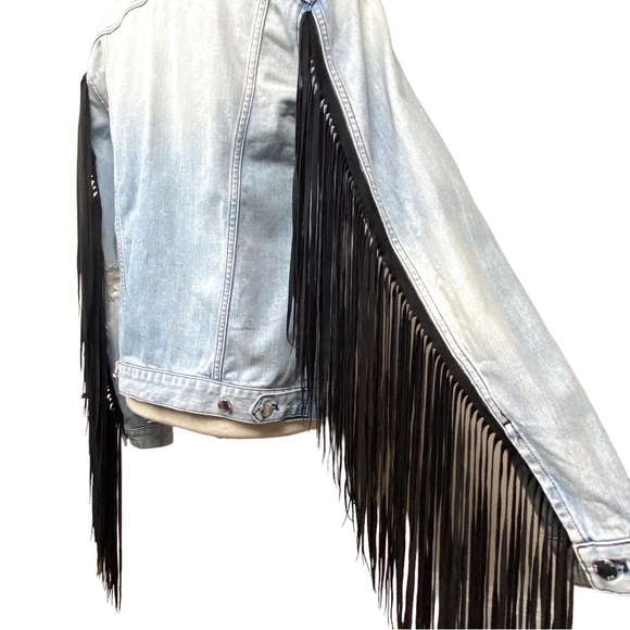 BLK DNM  Blue Denim Black Fringe Jean Jacket Size Small - Picture 10 of 16